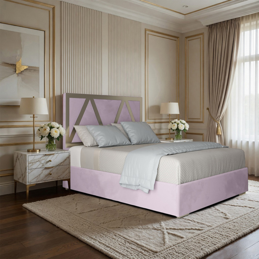Alison Pink Double Velvet Upholstered Metal Bed Frame with Panelled Headboard Image 5