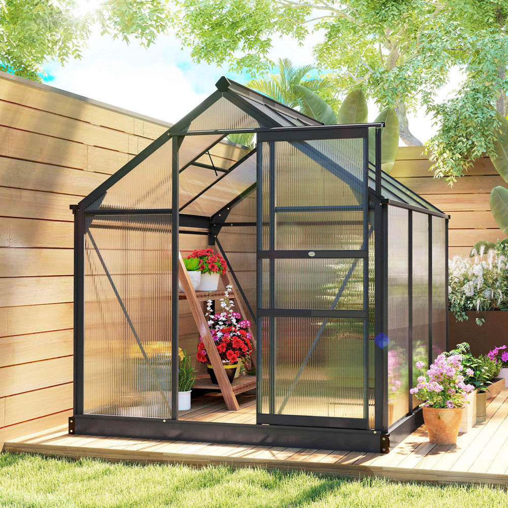 Outsunny 6 x 6ft Black Galvanised Aluminium Polycarbonate Walk In Greenhouse Image 2