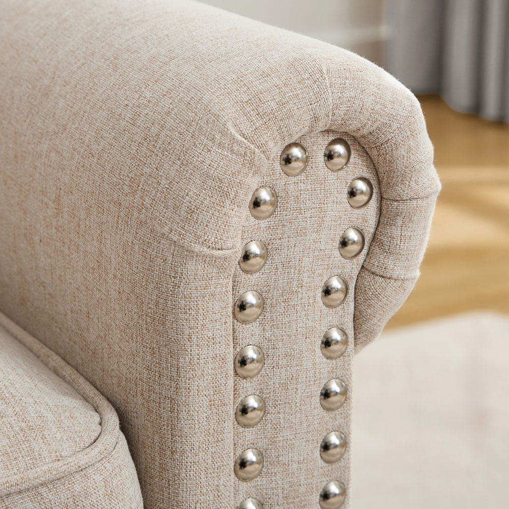 3 Seater Beige Plush Padded Studded Sofa Image 2