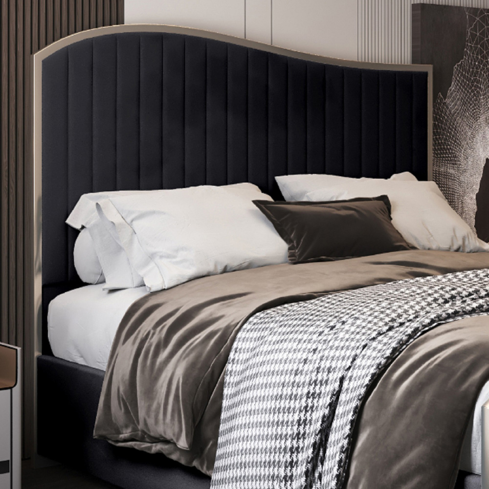 Brixton Black Super King Size Velvet Upholstered Metal Bed Frame with Wave Headboard Image 3