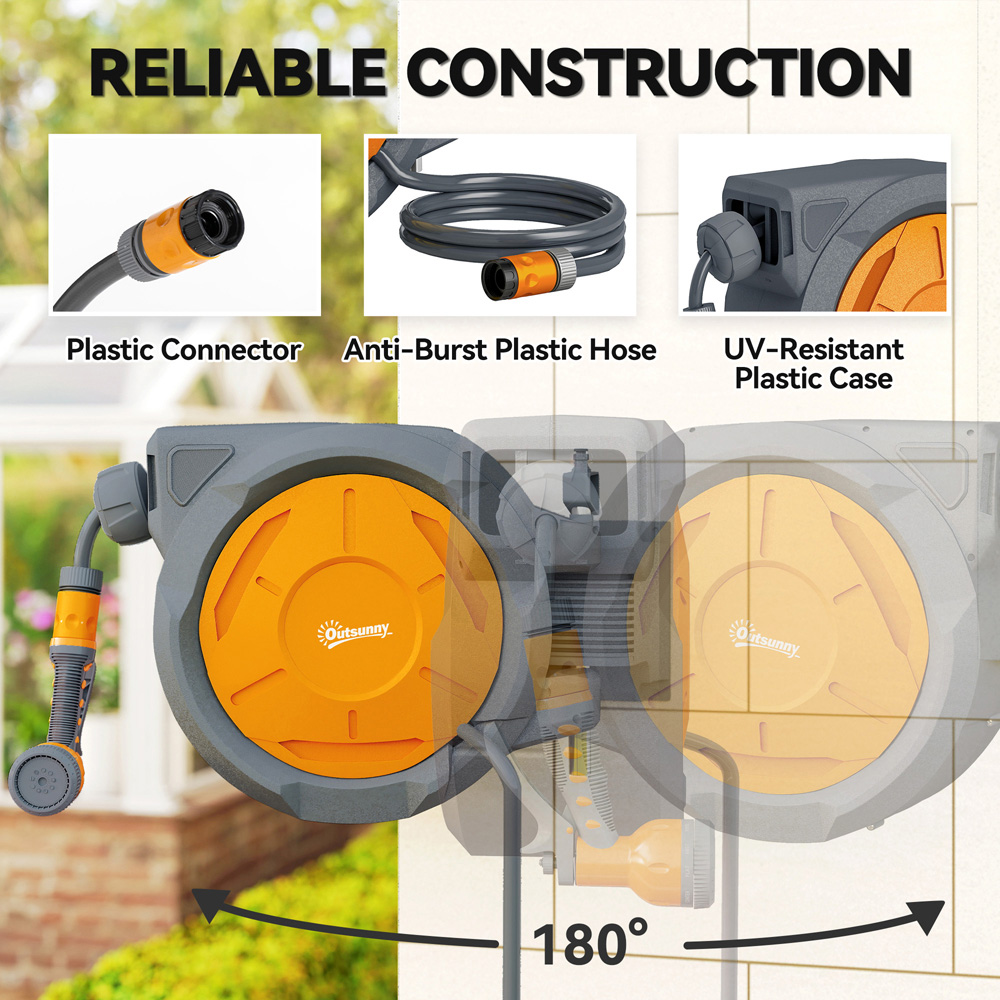Outsunny Orange Wall Mounted Retractable Hose Reel with Lock Image 5