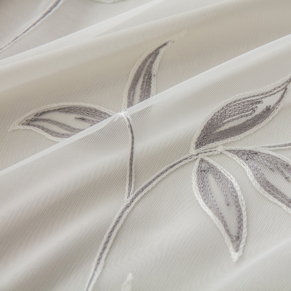 Alan Symonds Leaf Embroidered Silver Ring Top Eyelet Tulle Voile Curtains 147 x 137cm Image 4