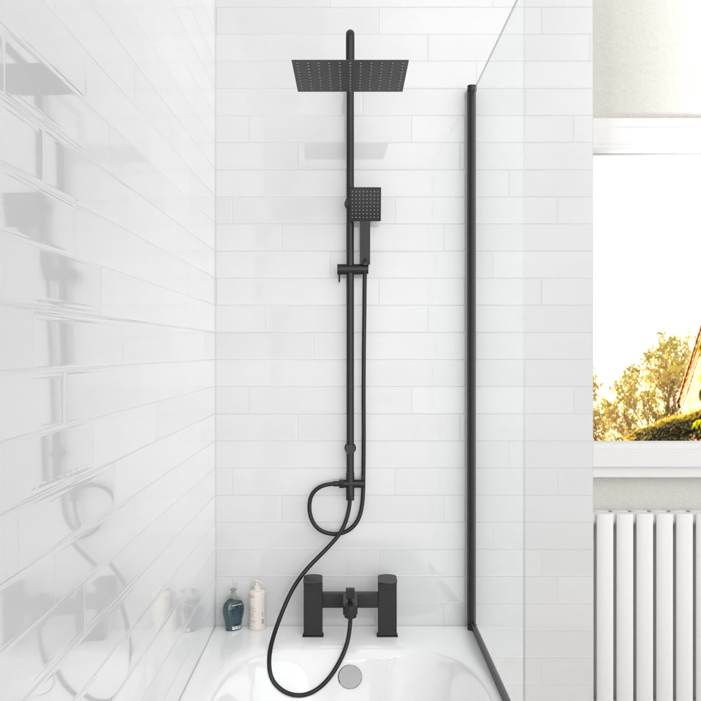 Nes Home Kenton Matte Black Square Riser Rail Shower Kit with Bath Filler Tap with Handset Image 3