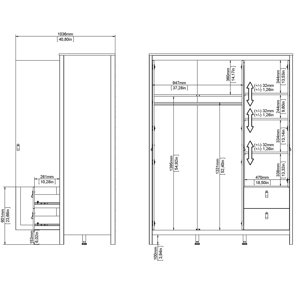 Florence Madrid 3 Door 2 Drawer Cashmere Wardrobe with Mirror Image 8