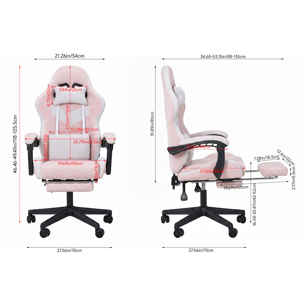Living and Home White and Pink Fabric Gaming Chair with Footrest Image 9