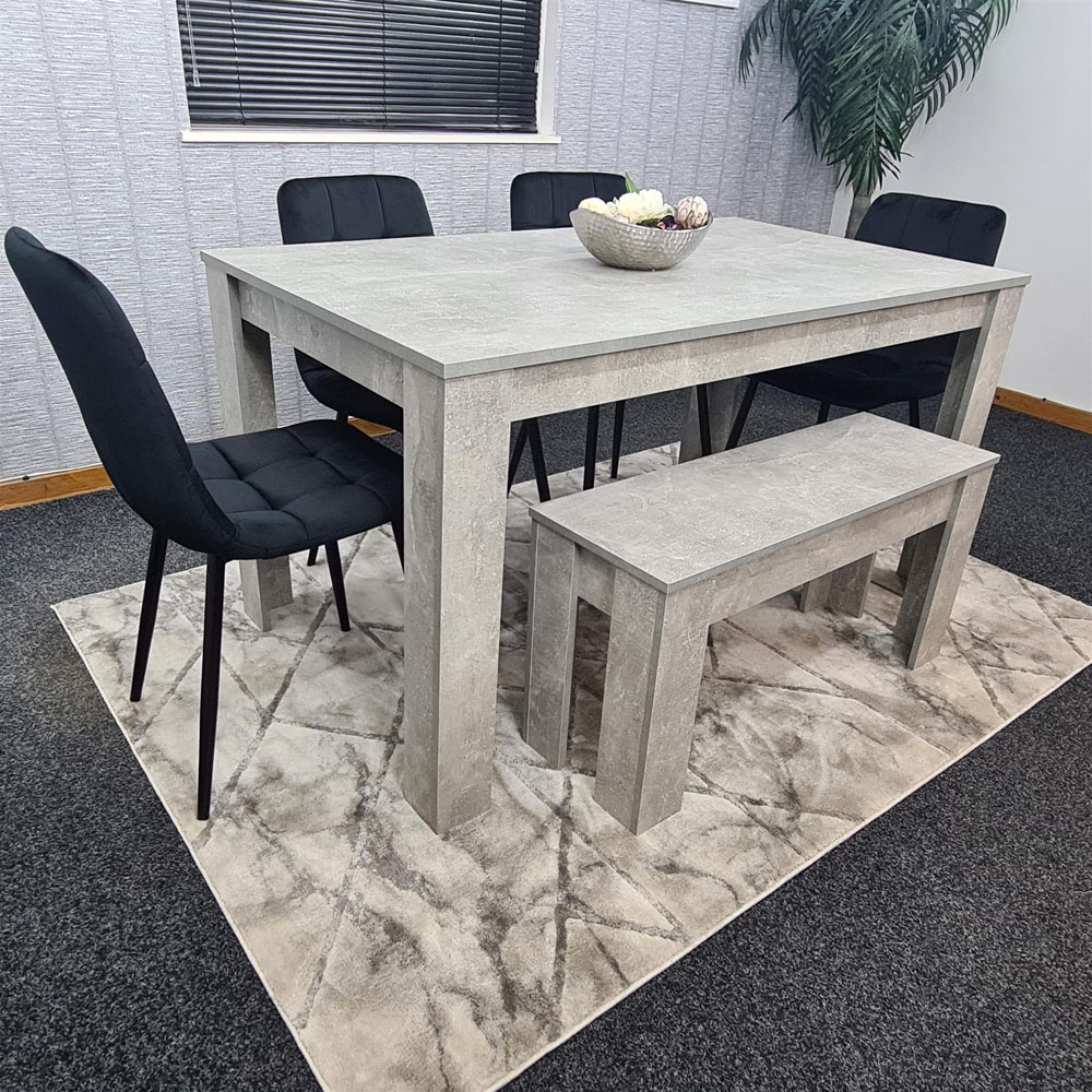 Portland Velvet 6 Seater Dining Set with Bench Stone Grey and Black Image 2