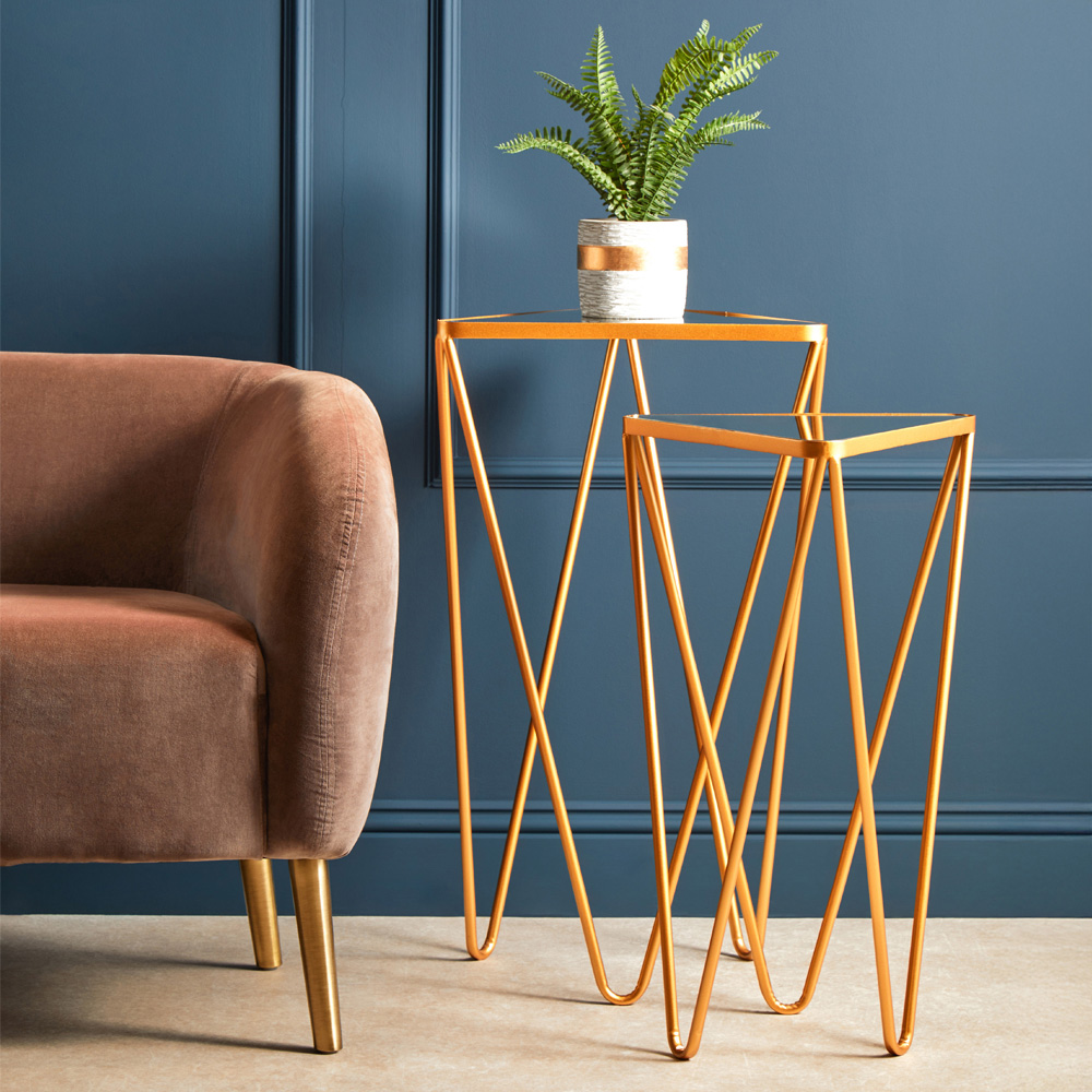 Premier Housewares Avantis Gold Mirrored Top Triangle Nest of Tables Set of 2 Image 2