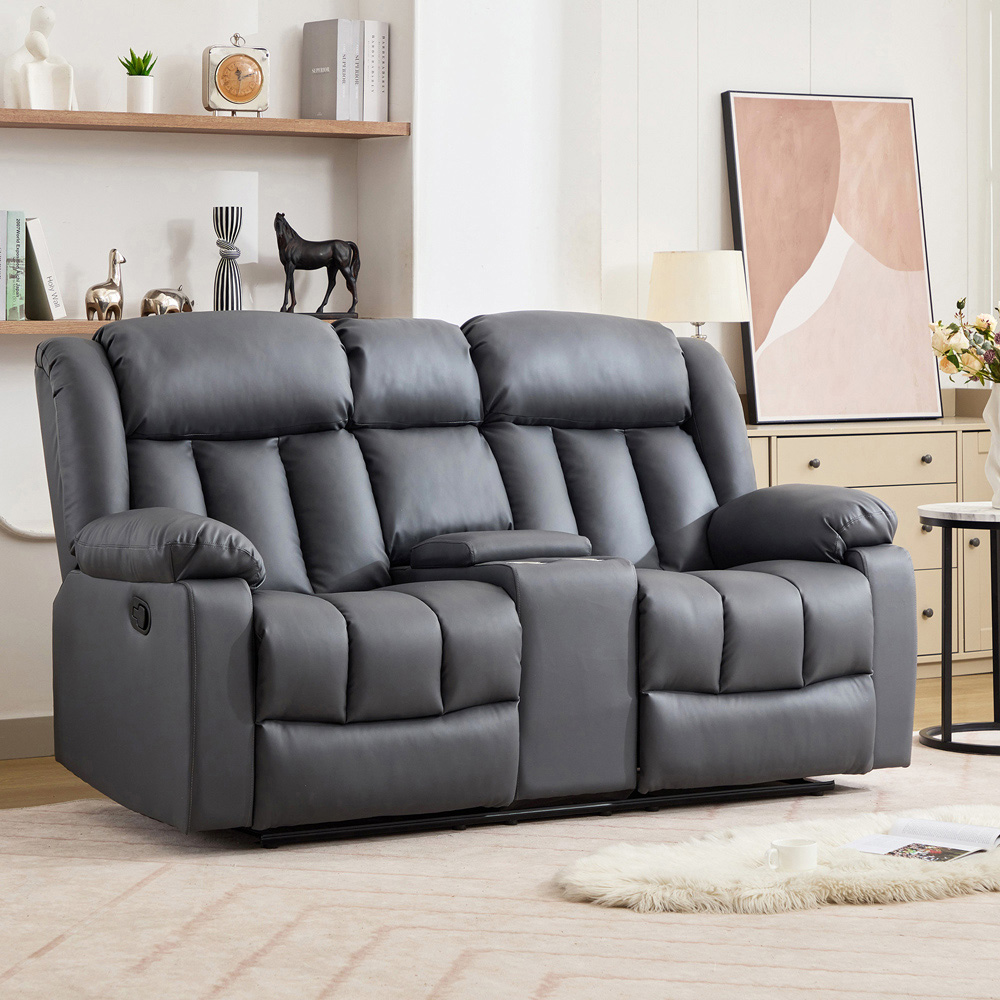 Artemis Home Sheridan 2 Seater Grey Leather Manual Recliner Sofa with Central Console Image 4