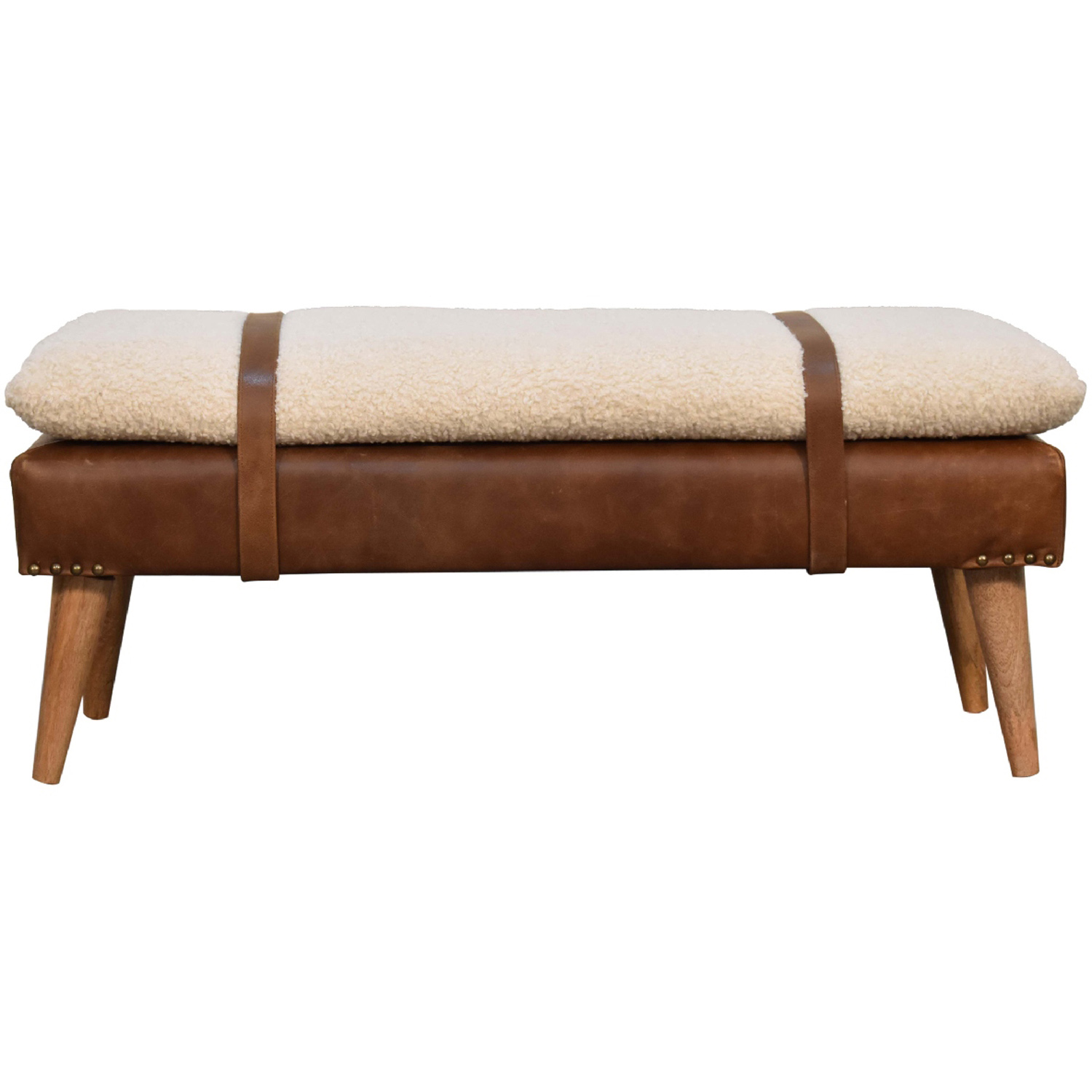 Artisan Furniture Brown and Cream Boucle Buffalo Hide Leather Upholstered Bench Image 7