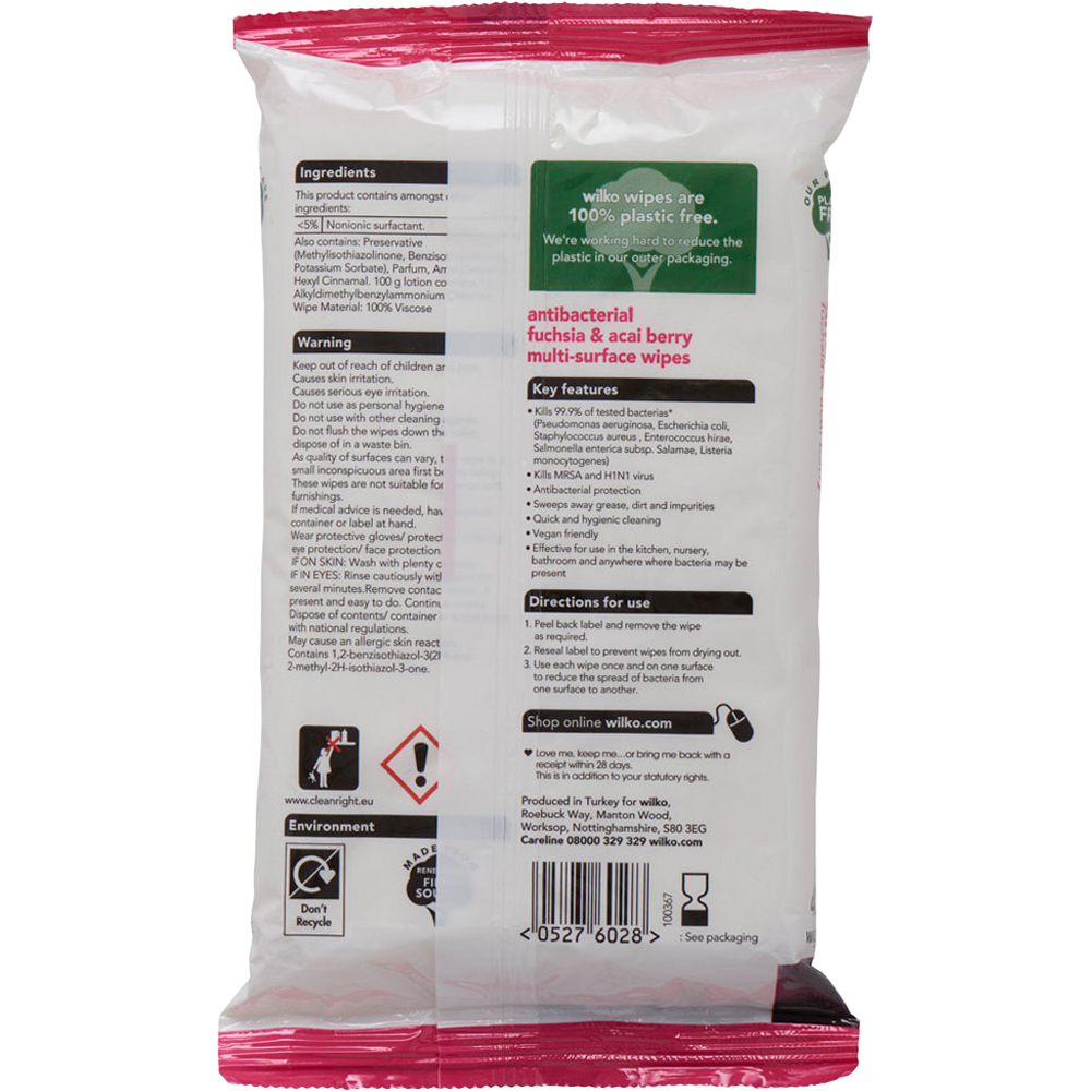 Wilko Fuchsia and Acai Berry Antibacterial Multi-surface Wipes 40 Pack Image 2