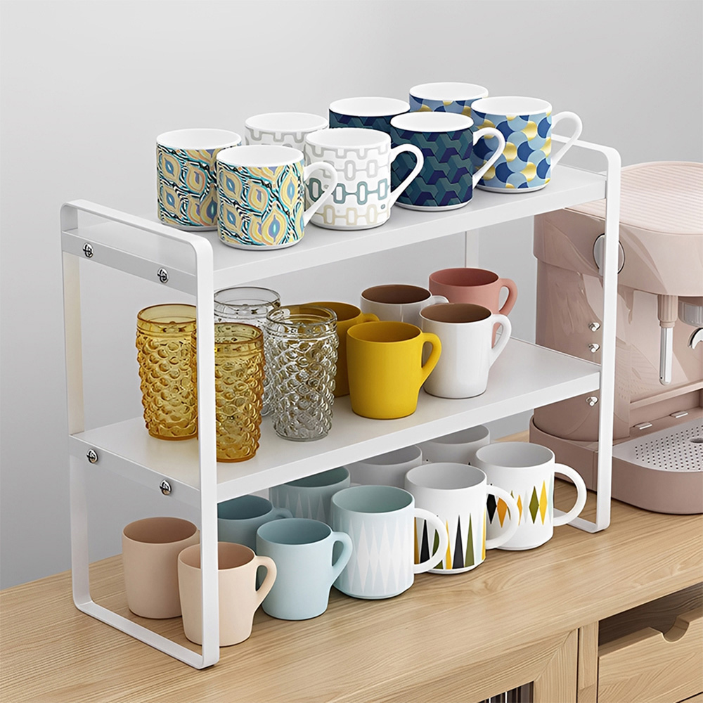 Living and Home 2-Tier White Wood Grain Countertop Storage Shelf with Metal Frame Image 7