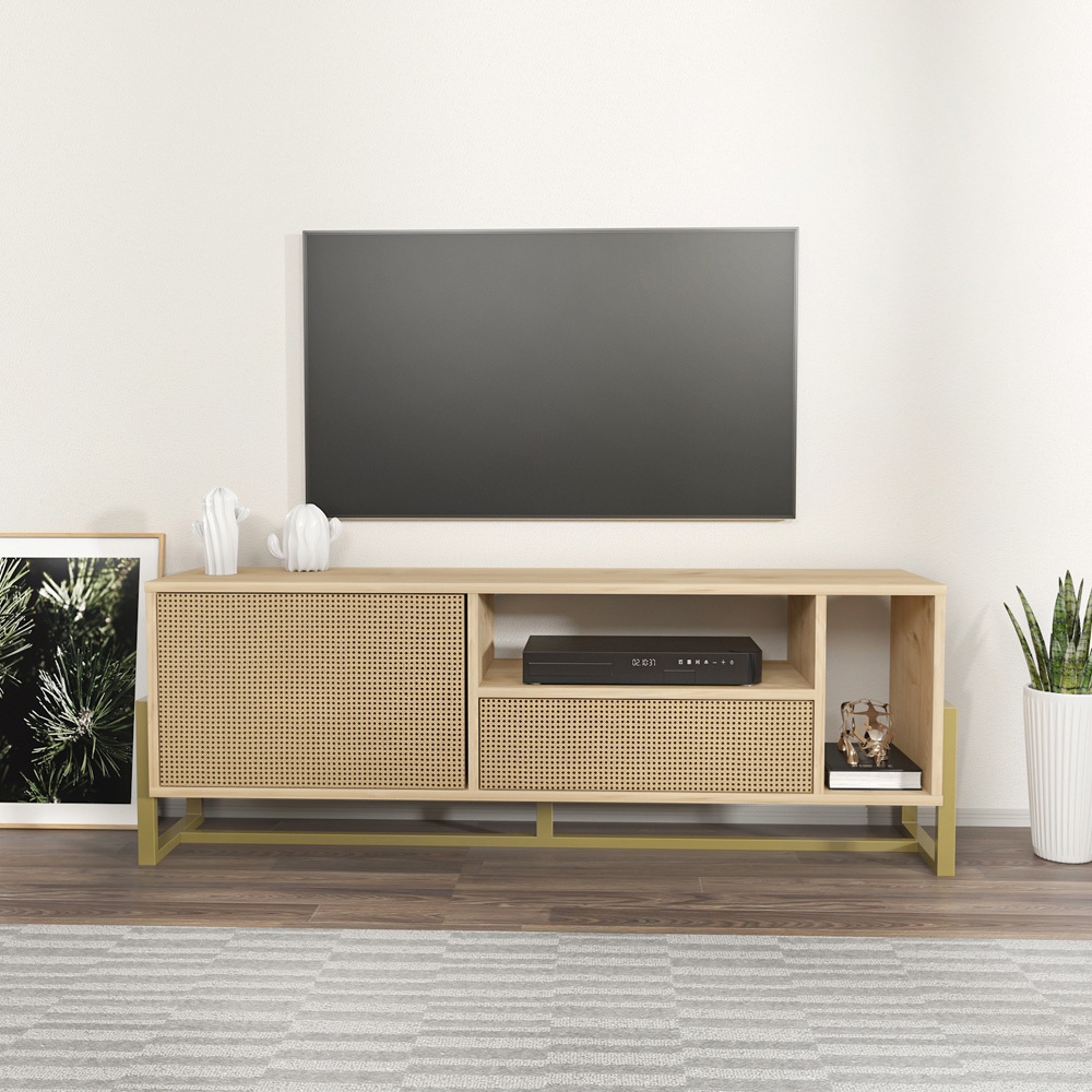 Decorotika Utopie Single Drawer Single Door 2 Shelf Oak and Rattan TV Unit Image 6