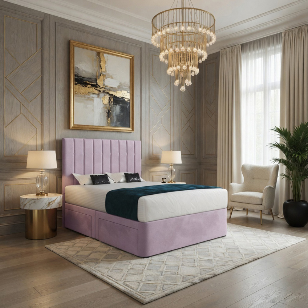Marcelo Pink King Size Velvet Upholstered Divan Bed Frame with Linear Headboard Image 5