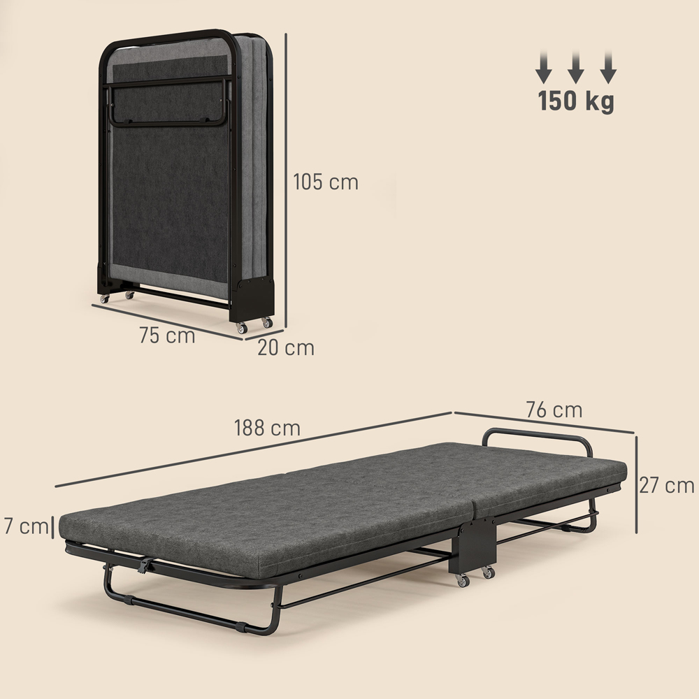 Portland Single Grey Folding Bed with Mattress and Wheels Image 9