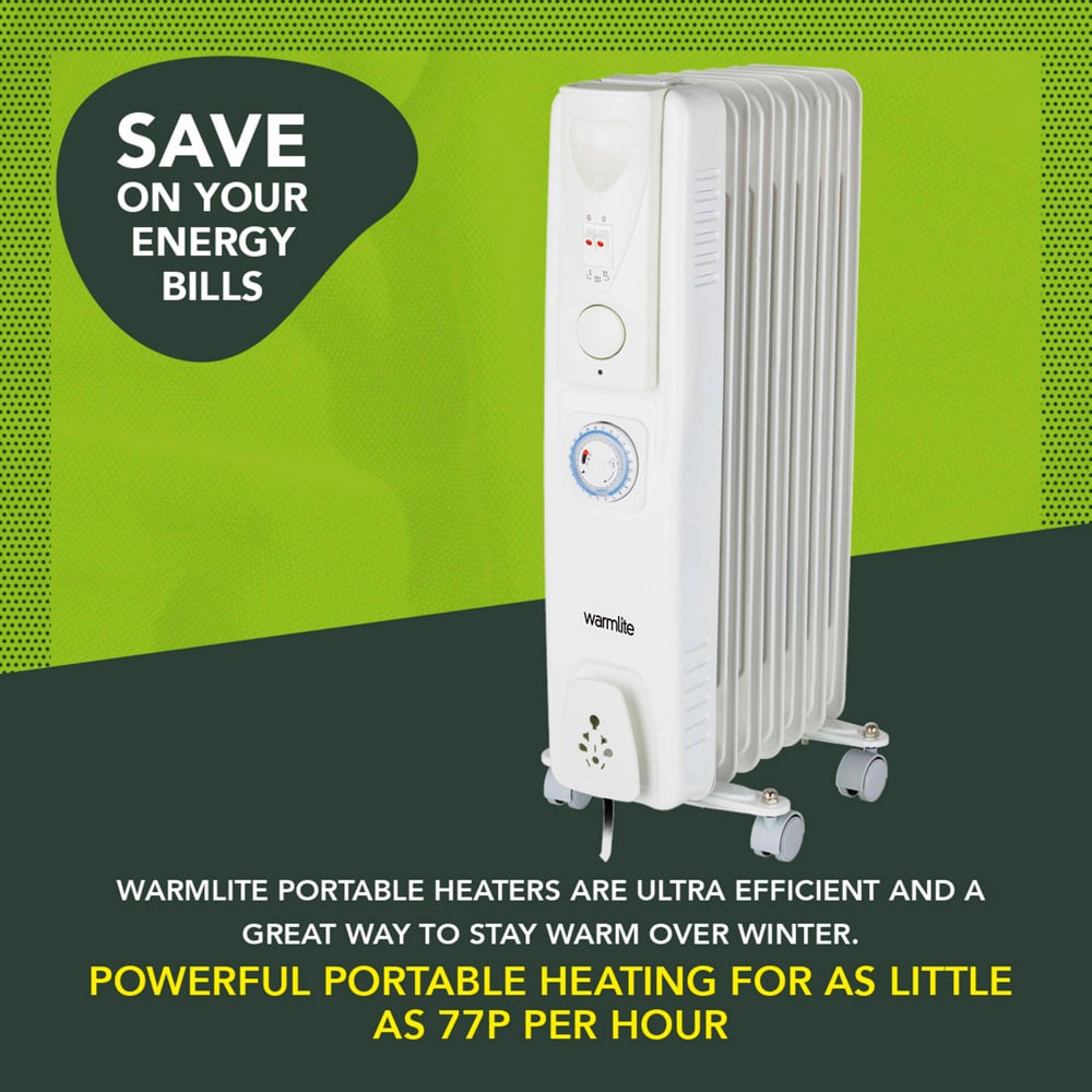 Warmlite 7 Fin White Oil Filled Radiator with Timer and Castor Wheels 1500W Image 4