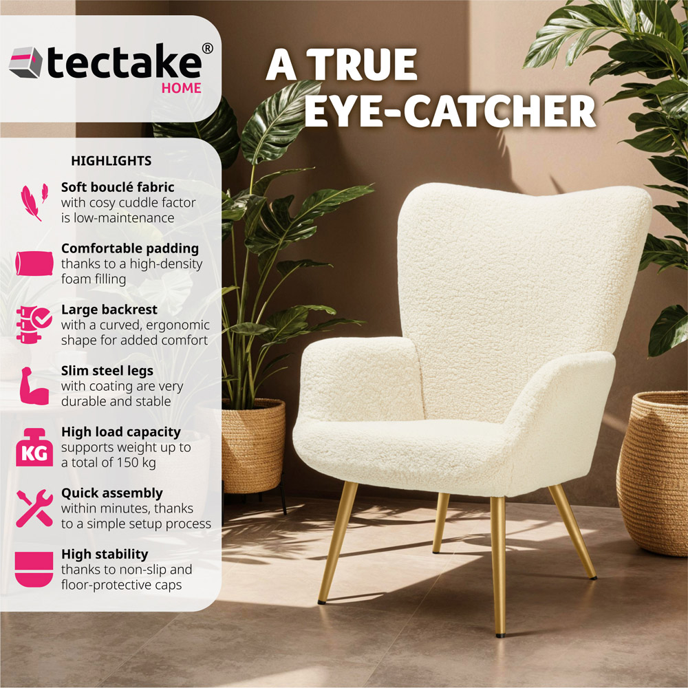 tectake Hygge Cream and Gold Boucle Padded Armchair Image 3