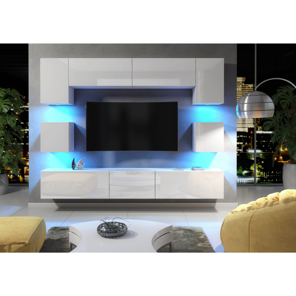 Creative Furniture Panorama White and White Gloss 9-Piece Wall TV Unit with LED Image 5