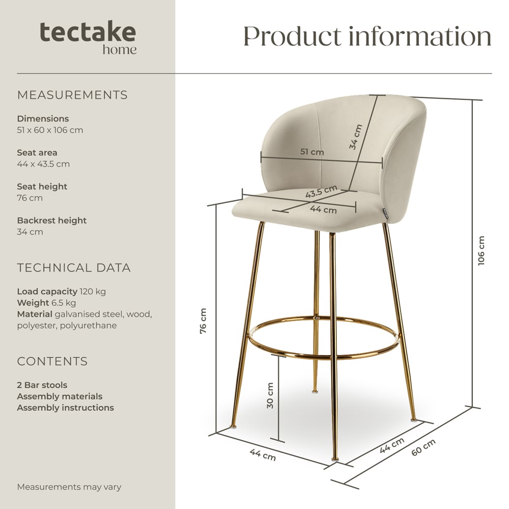 tectake Luana Cream and Gold Velvet Look Padded Bar Stool Set of 2 Image 8
