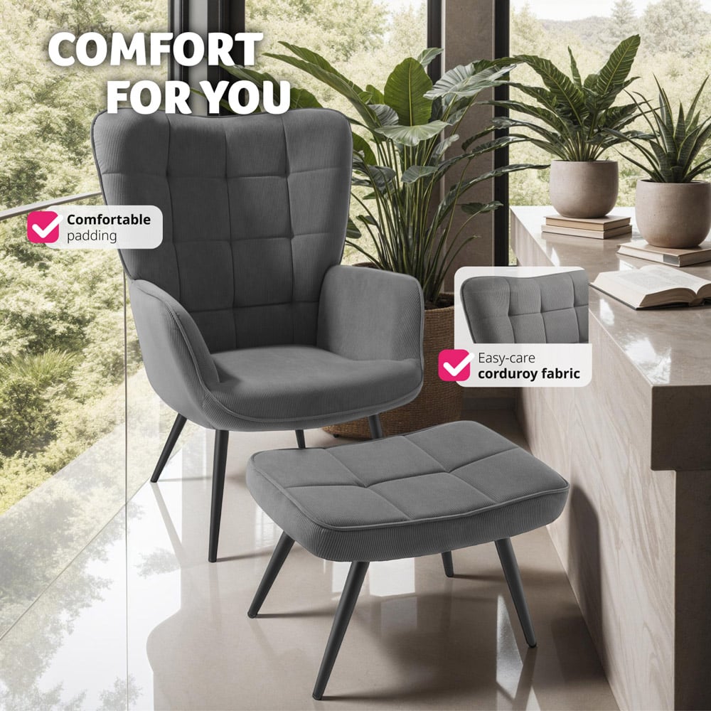 tectake Hygge Fine Corduroy Anthracite and Black Armchair with Stool Image 6