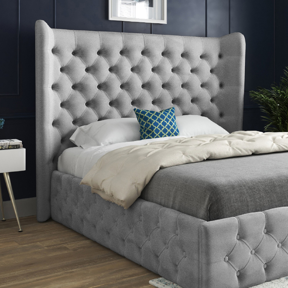 Florence Grey Small Double Velvet Upholstered Bed Frame with Wide Winged Chesterfield Headboard Image 3