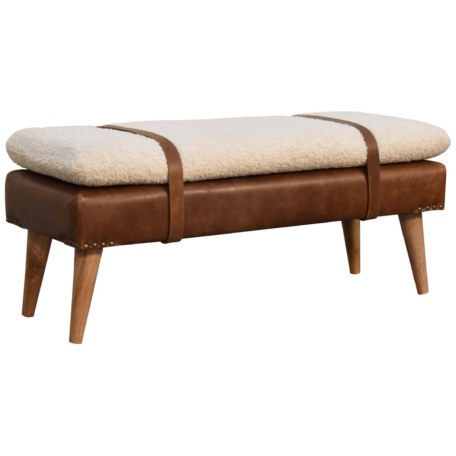 Artisan Furniture Brown and Cream Boucle Buffalo Hide Leather Upholstered Bench Image 5