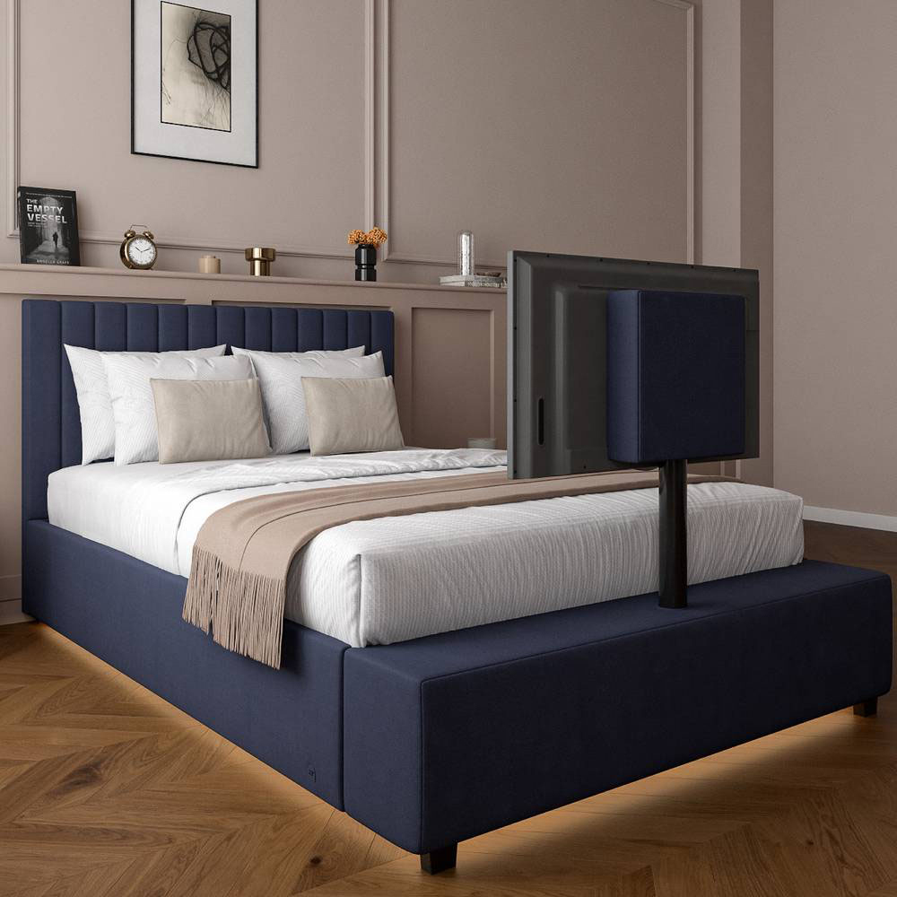 XR Living Maisie Double Navy Blue Velvet Ottoman TV Bed with LED Under Frame Image 2