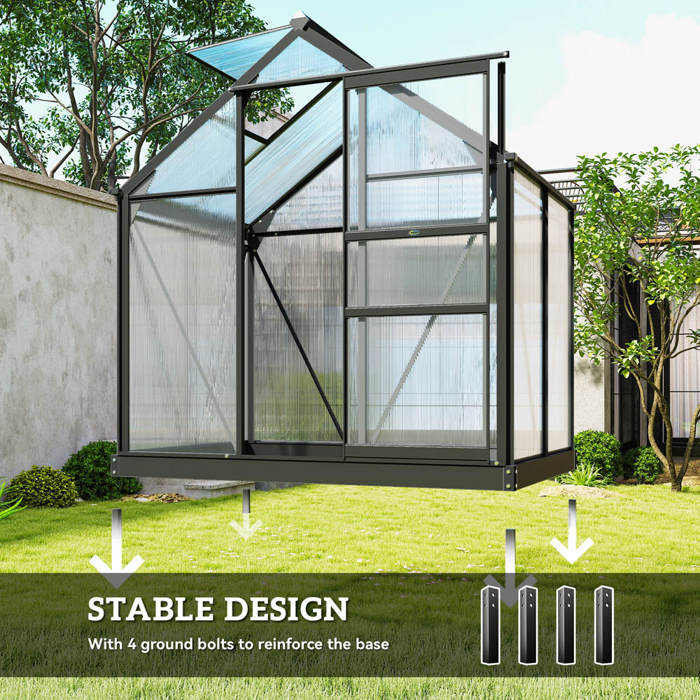 Outsunny 6 x 4ft Black Galvanised Aluminium Polycarbonate Walk In Greenhouse Image 5