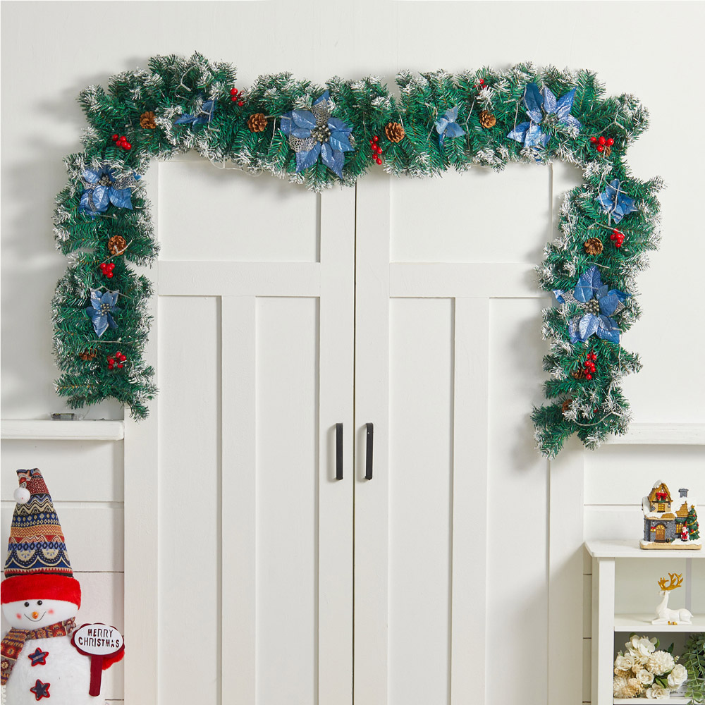 Living and Home Christmas Garland with Blue Flower and Berries 270cm Image 8