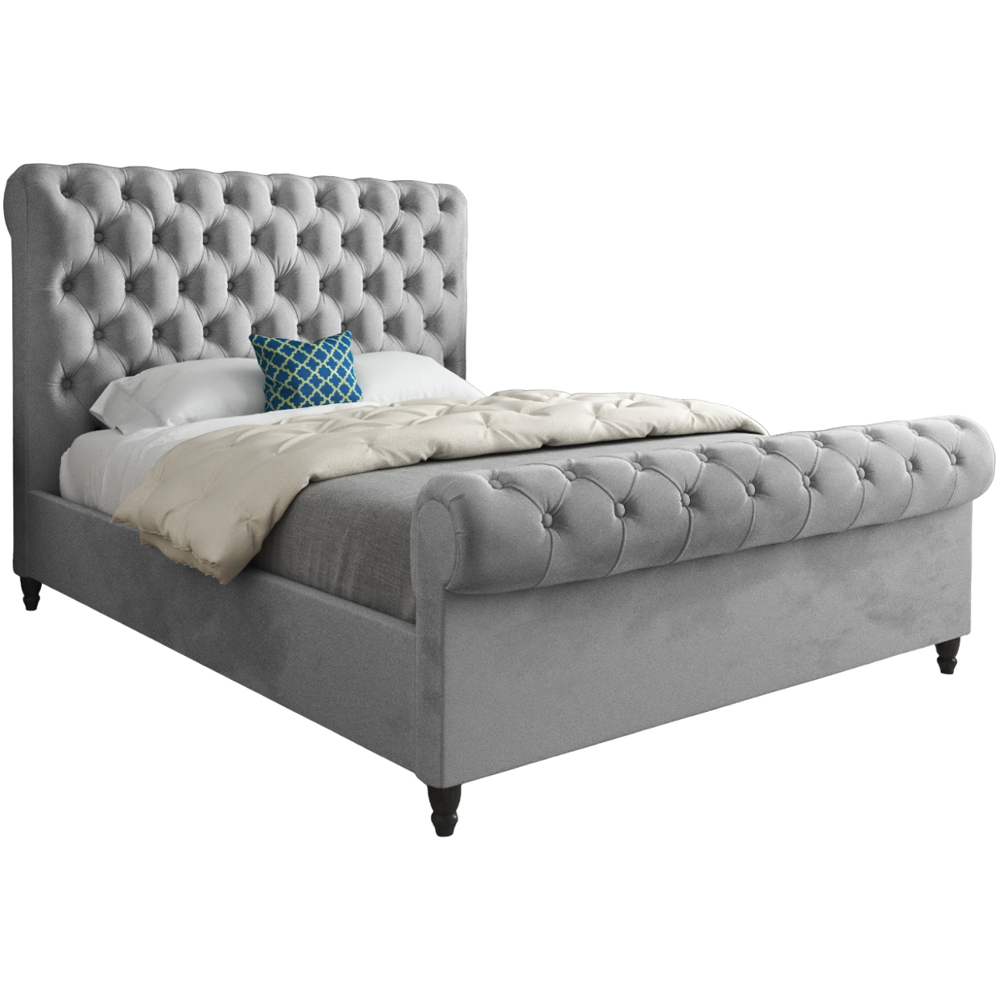 Sienna Double Grey Soft Velvet Upholstered Sleigh Bed Frame with Scrolled Headboard Image 2