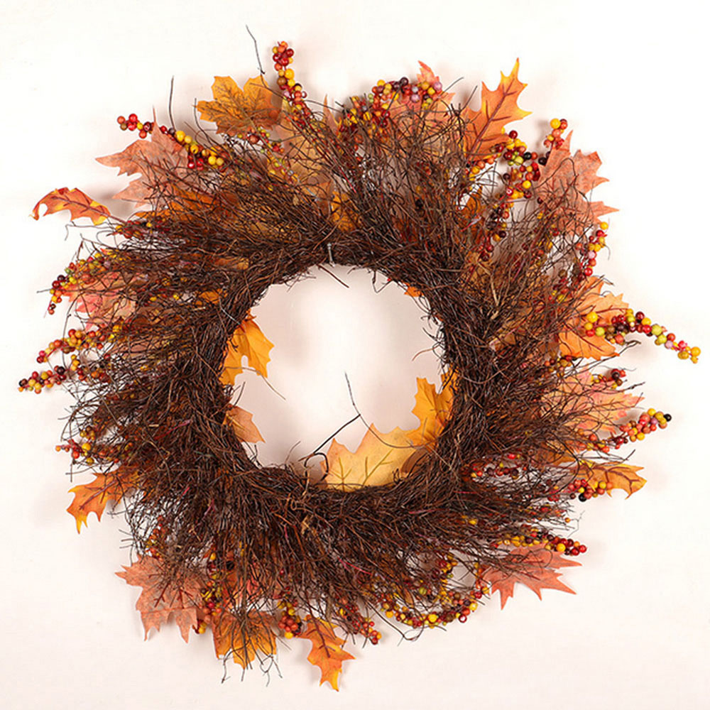 Living and Home Rattan LED Wreath with Maple Leaves Twigs and Berries 45cm Image 3