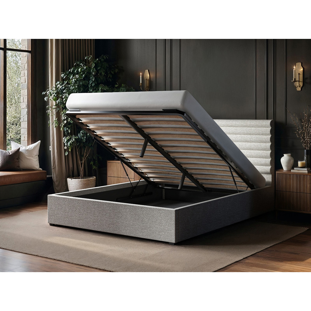 SOLACE+CO Velora King Size Beige Chenille Ottoman Bed with Panel Headboard Image 6