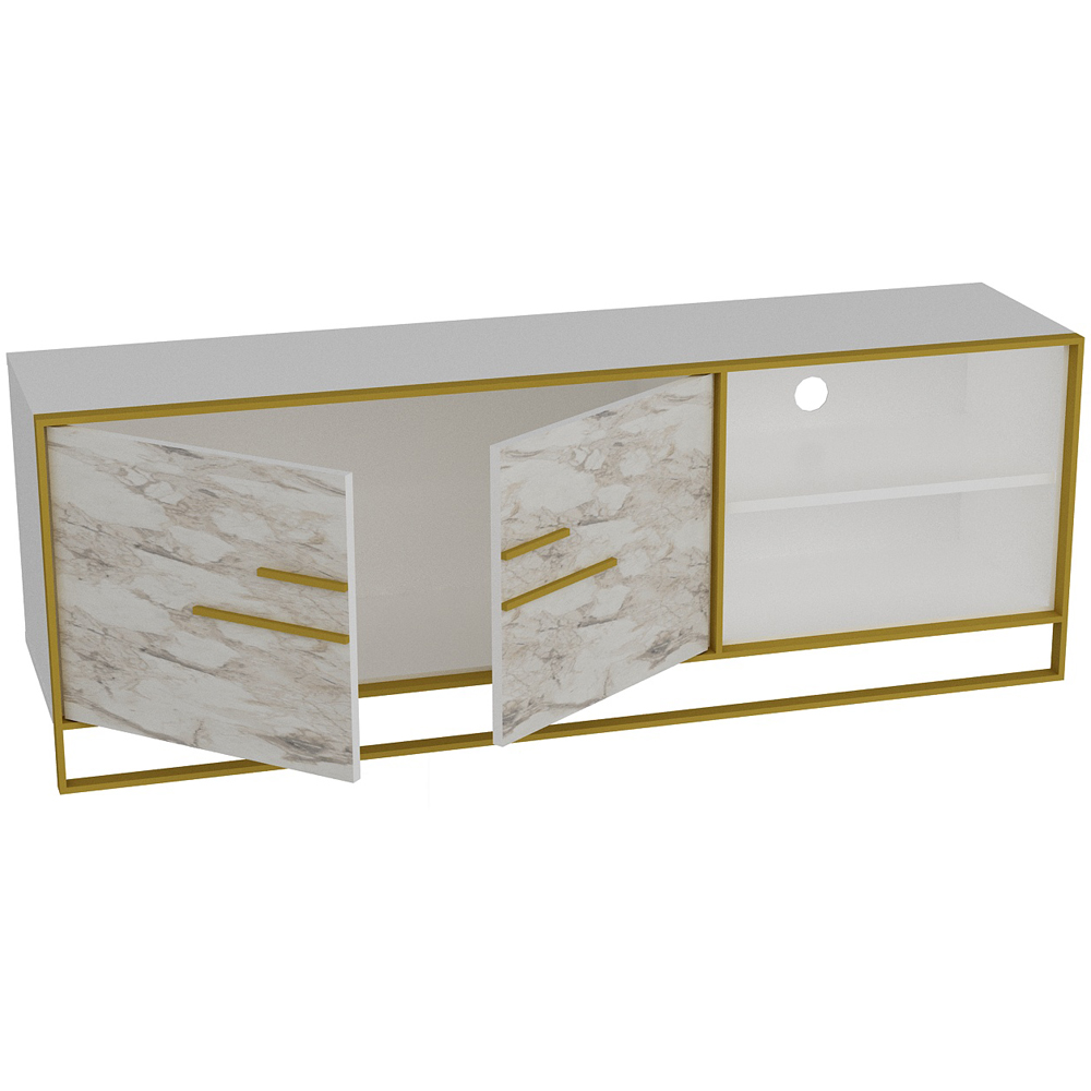 Decorotika Polka 2 Door White Marble and Gold TV Unit Image 3