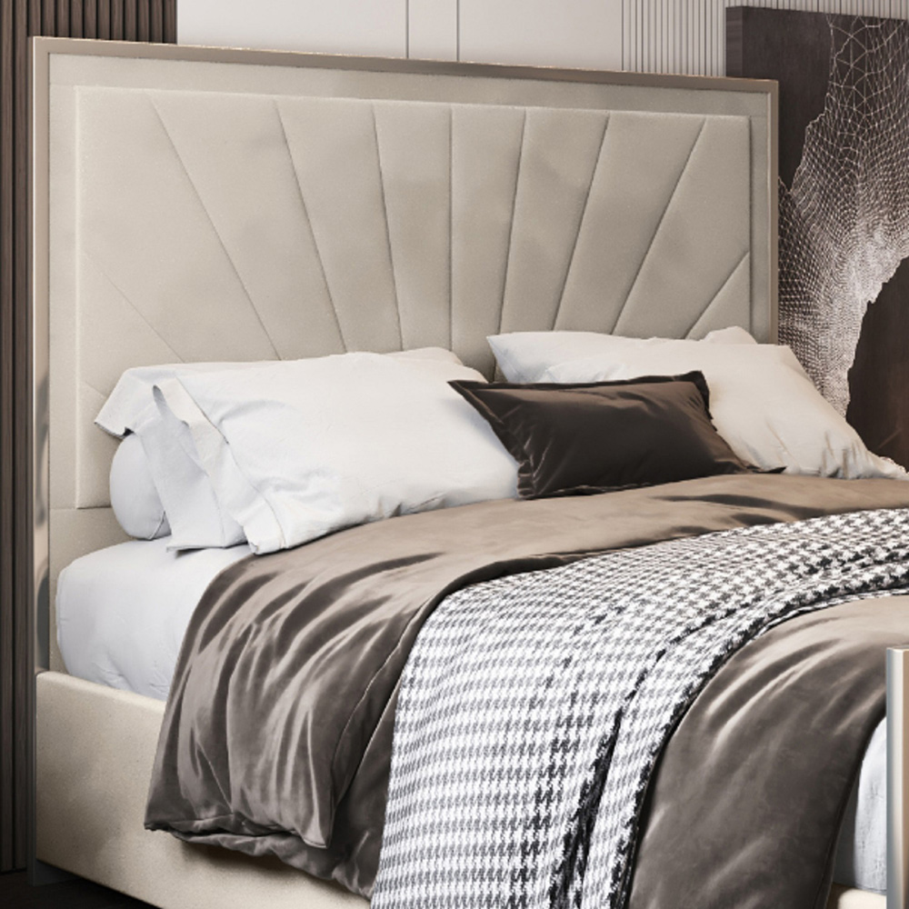 Roxy Super King Size Silver Soft Velvet Upholstered Metal Bed Frame with Chevron Headboard Image 3