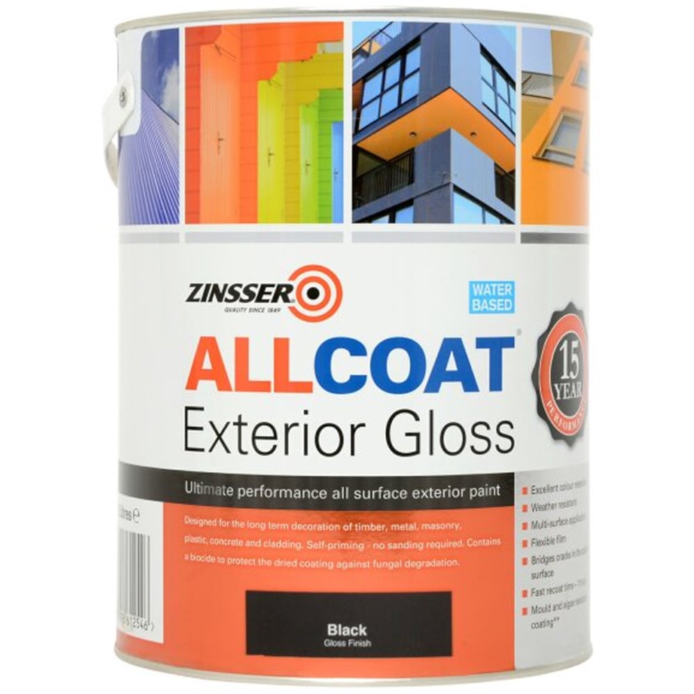 Zinsser Allcoat Black Water Based Exterior Gloss Paint 5L Image 2