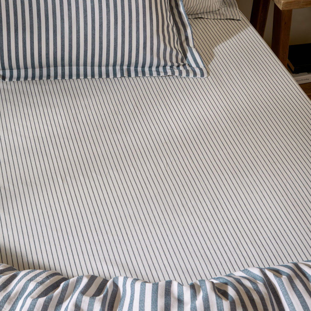 Yard Hebden Navy Double Narrow Stripe Cotton Fitted Sheet Image 2