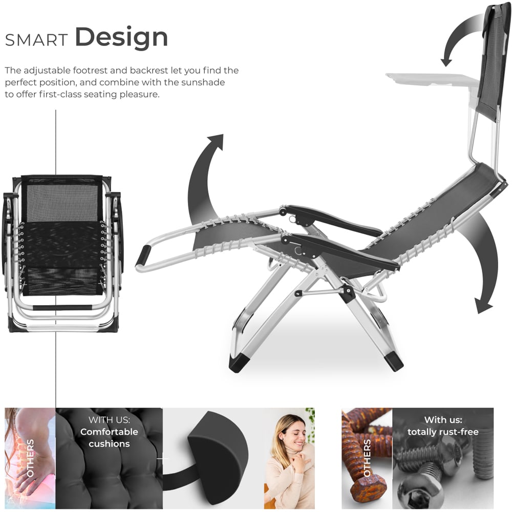 tectake Cirrus Black Set of 2 Folding Plush Padding Sun Lounger with Sun Shade Image 4