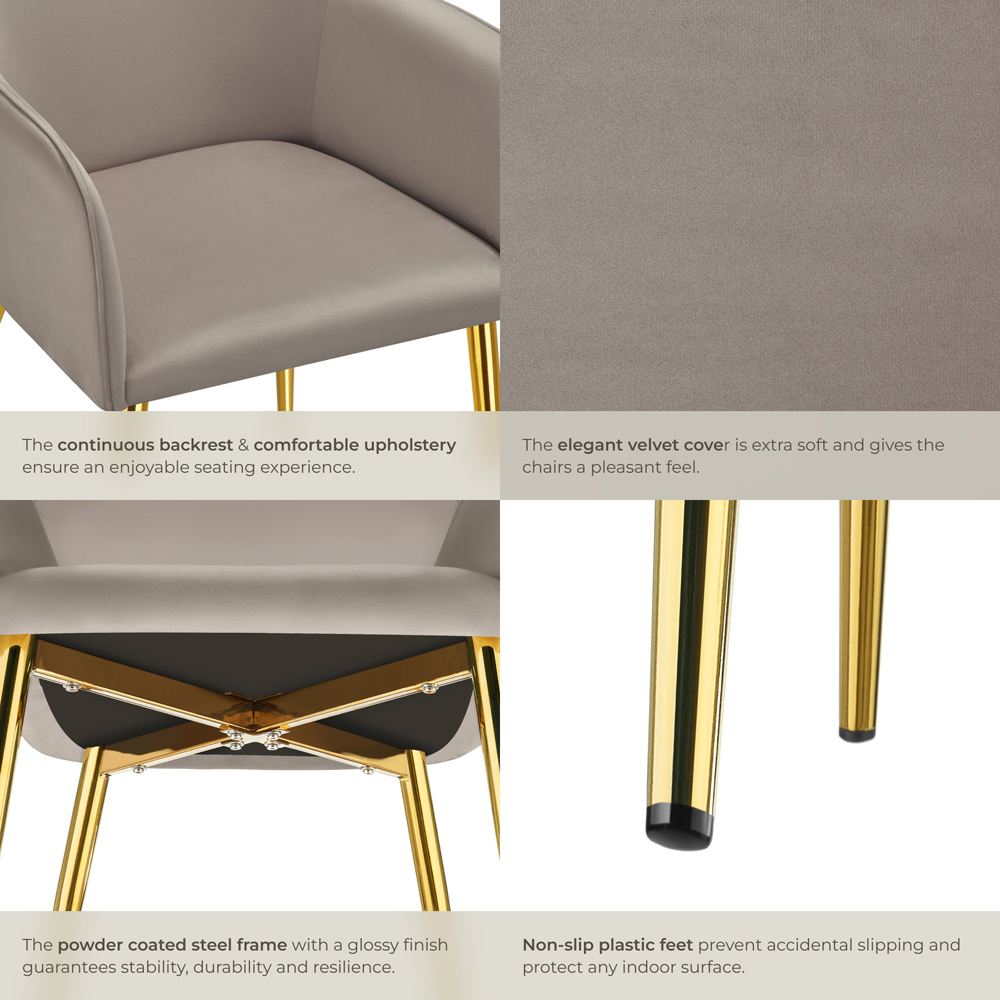 tectake Avane Set of 2 Taupe Velvet Look Padded Dining Chair Image 5