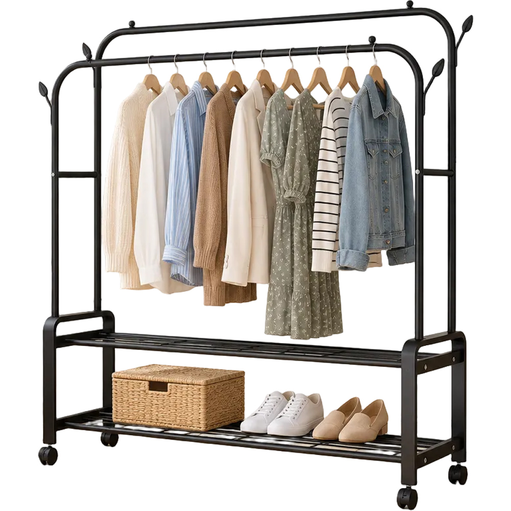 Modcraft 2 Shelf Black Heavy Duty Double Rail Clothes Rack with Wheels Image 3