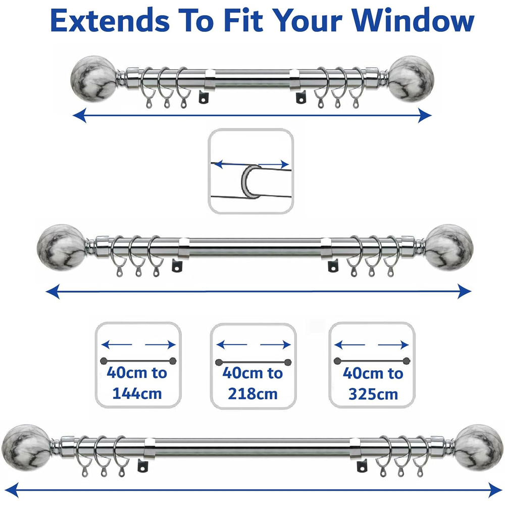 Home Treats 40 to 144cm Extendable Chrome Metal Marble Curtain Pole Image 8