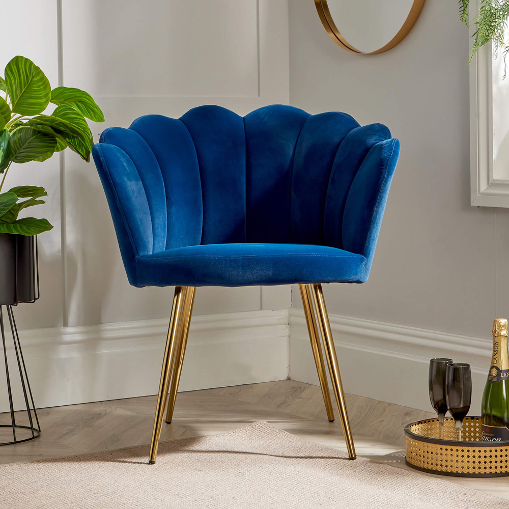Home Source Navy Blue Velvet Scallop Chair with Gold Metal Legs Image 4