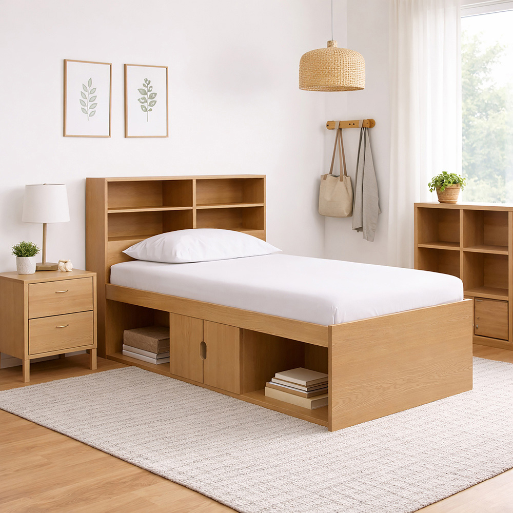 Kidsaw Single Oak Low Sleeper Cabin Bed with Bookcase Headboard Image 3