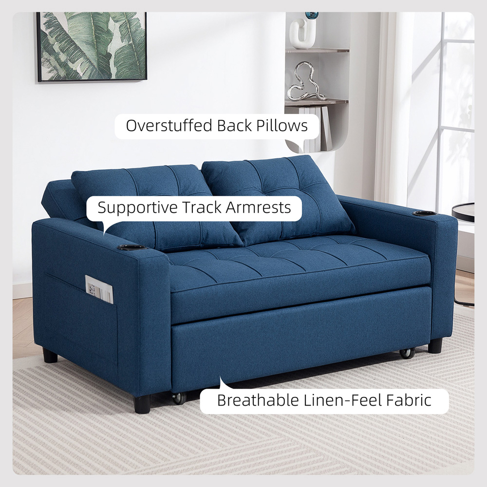 HOMCOM 2 Seater Dark Blue Pull Out Sofa Bed with Pockets | Homebase