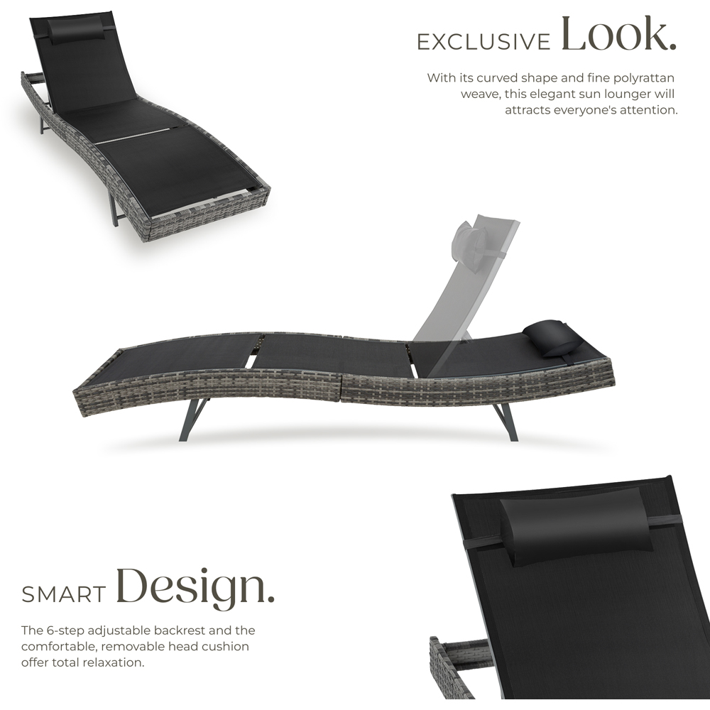 tectake 6 Step Adjustable Mottled Grey Polyrattan Sun Lounger Image 3