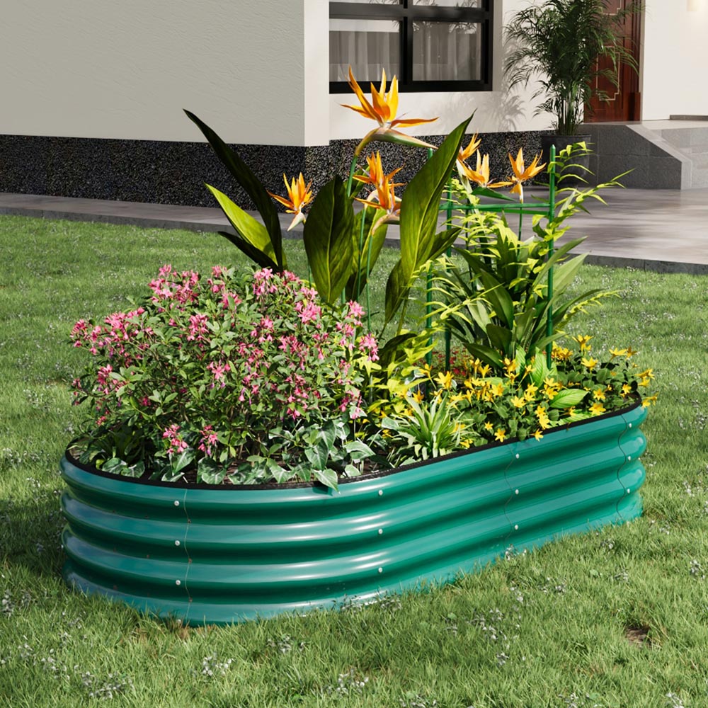 Living and Home Green Oval Galvanised Steel Raised Garden Bed with Flower Stand 160 x 80cm Image 2