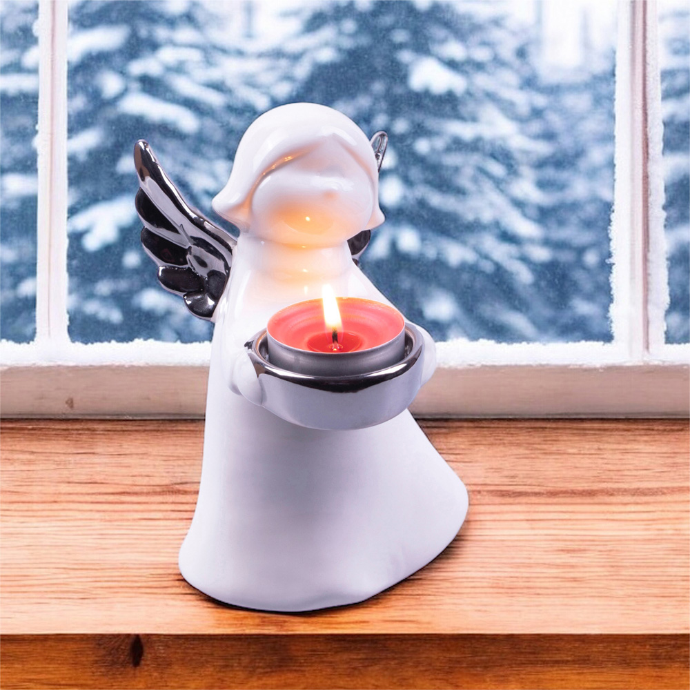 St Helens Silver Wings Ceramic Angel Tealight Holder Image 2