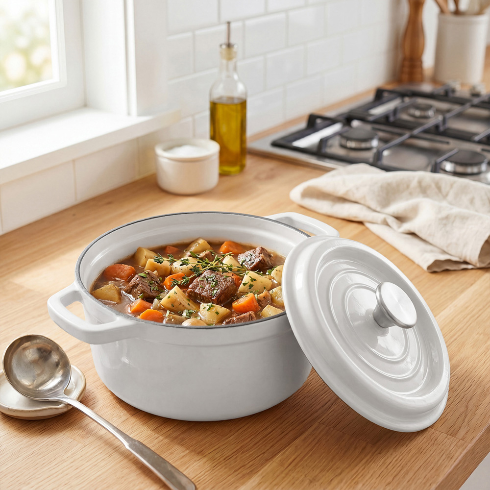 Living and Home Beige White Enamelled Cast Iron Dutch Oven Pot 4L Image 7