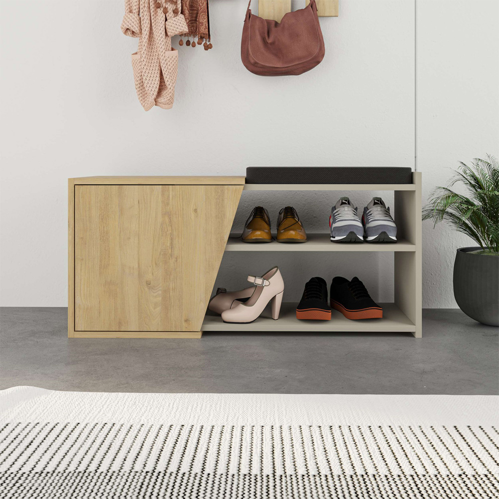 Decortie Fiona Sandstone and Oak Entryway Shoe Bench Storage Image 5