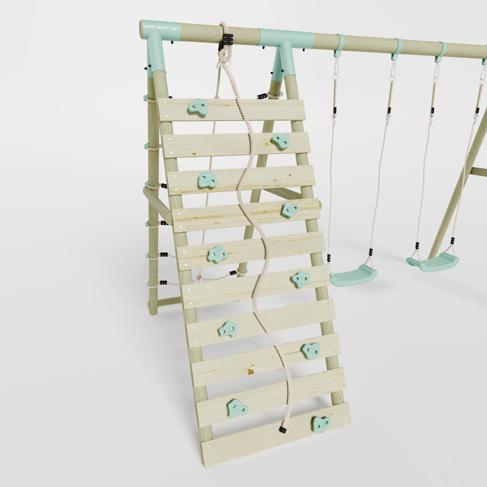 Mercia Wooden Round Pole Double Swing Set with Climbing Wall Image 8
