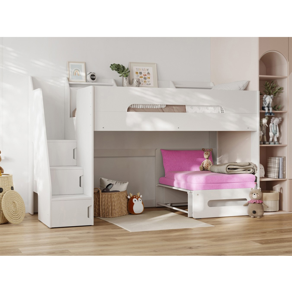 Flair Stepaside White Staircase High Sleeper with Hot Pink Futon Image 4