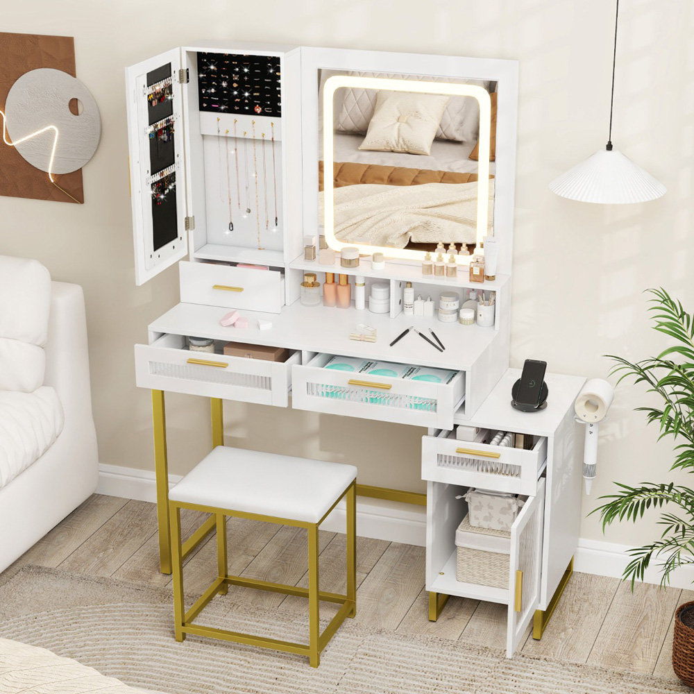 Costway 4 Drawer 2 Door White Dressing Table and Chair Set with LED Mirror Image 5